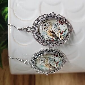 BARN OWL IN WINTER PORTRAIT DROP EARRINGS